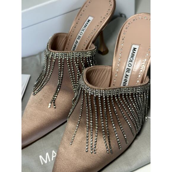 Manolo Blahnik Shoes - $1565 Manolo Blahnik Womens Satin Mules Clogs Crystal Fringe Beige NEW Size 37